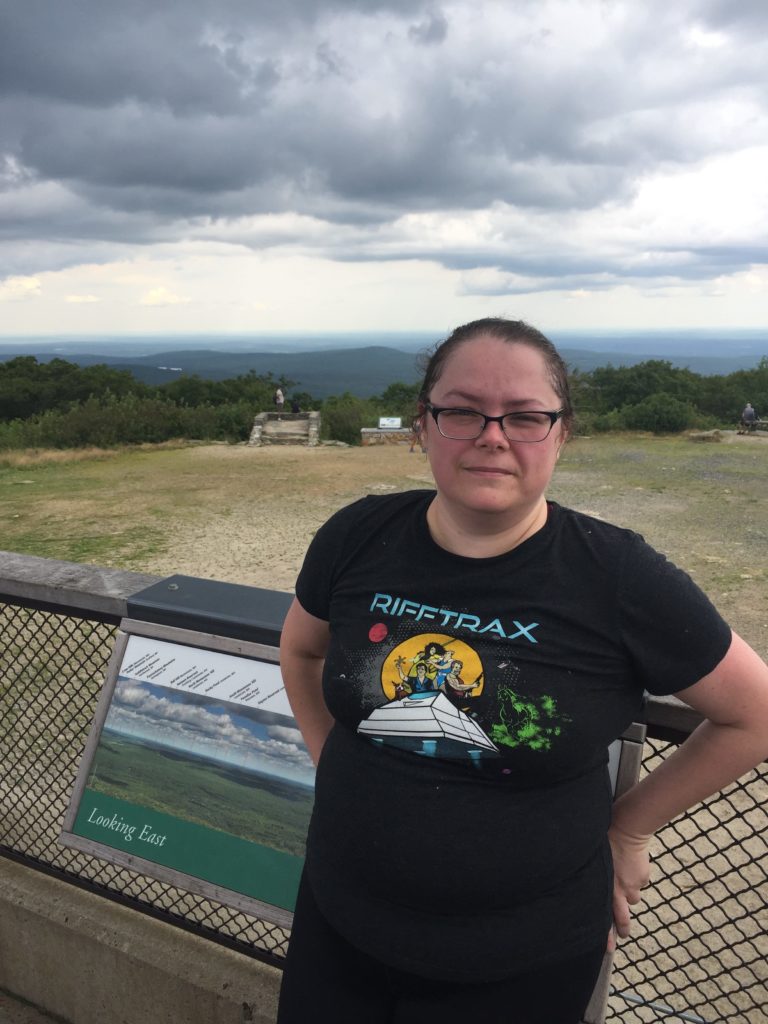 Sweaty Lise at the Mount Wachusett summit