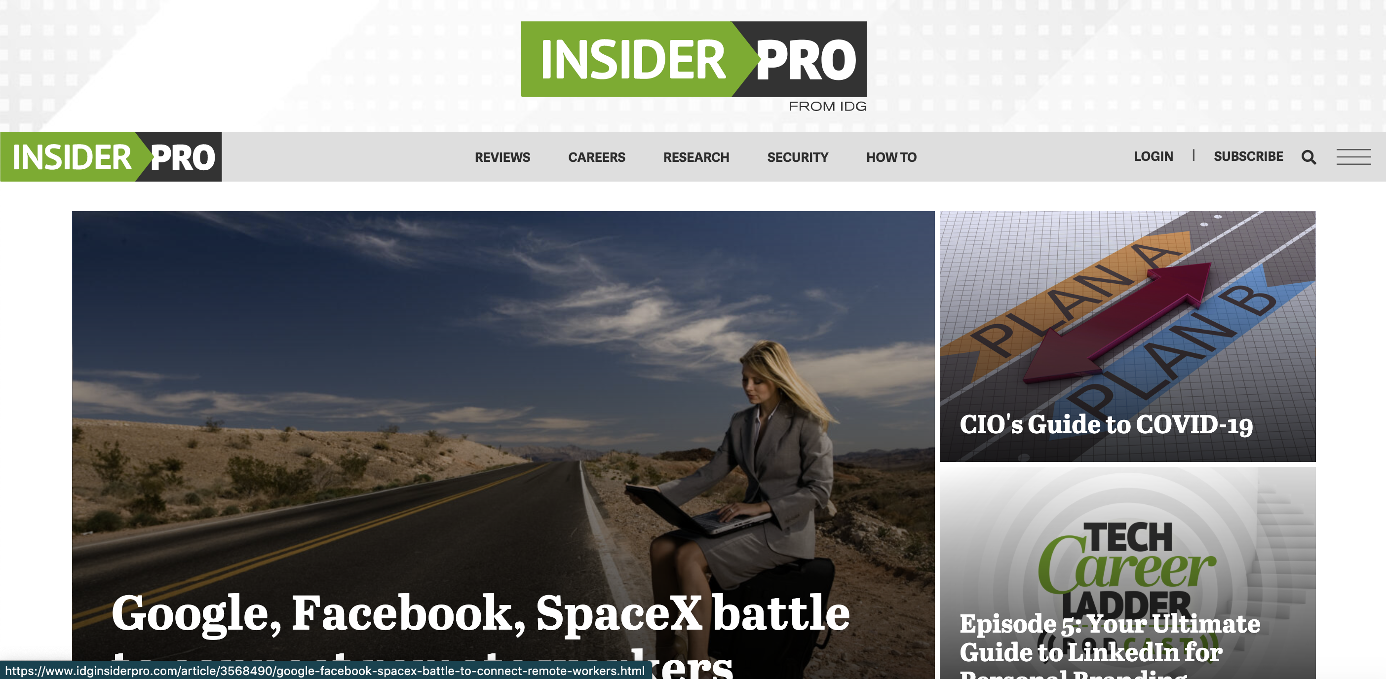 Screenshot of the top of IDG's InsiderPro homepage