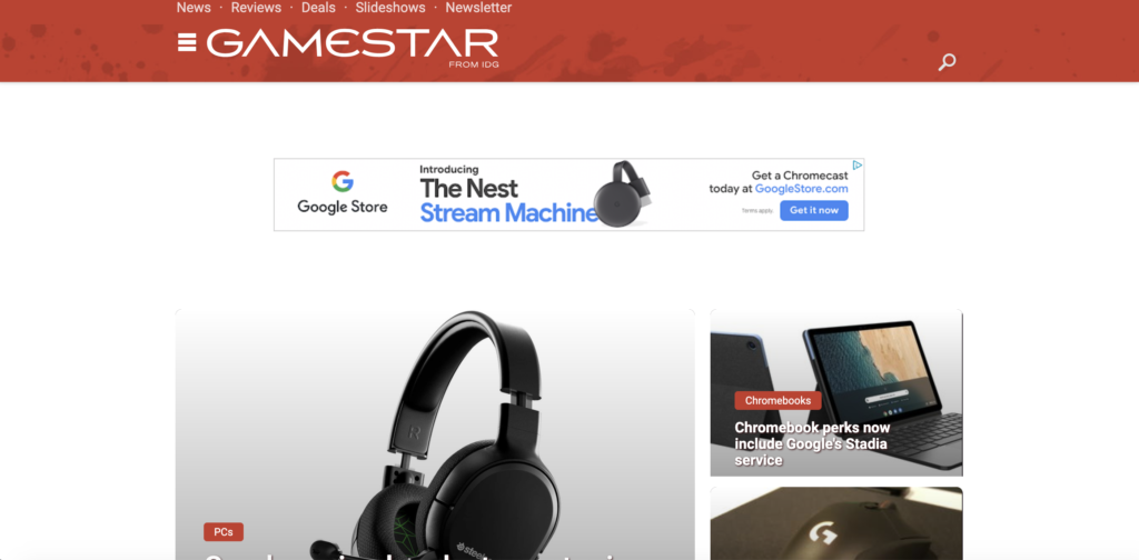 The top of the GameStar homepage, showing the hero and an ad unit.